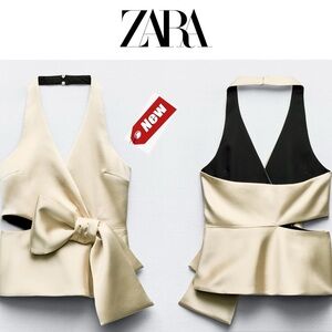 Zara satin Bow tie cut-out side opening halter top V-neck in soft gold Sz L NWT
